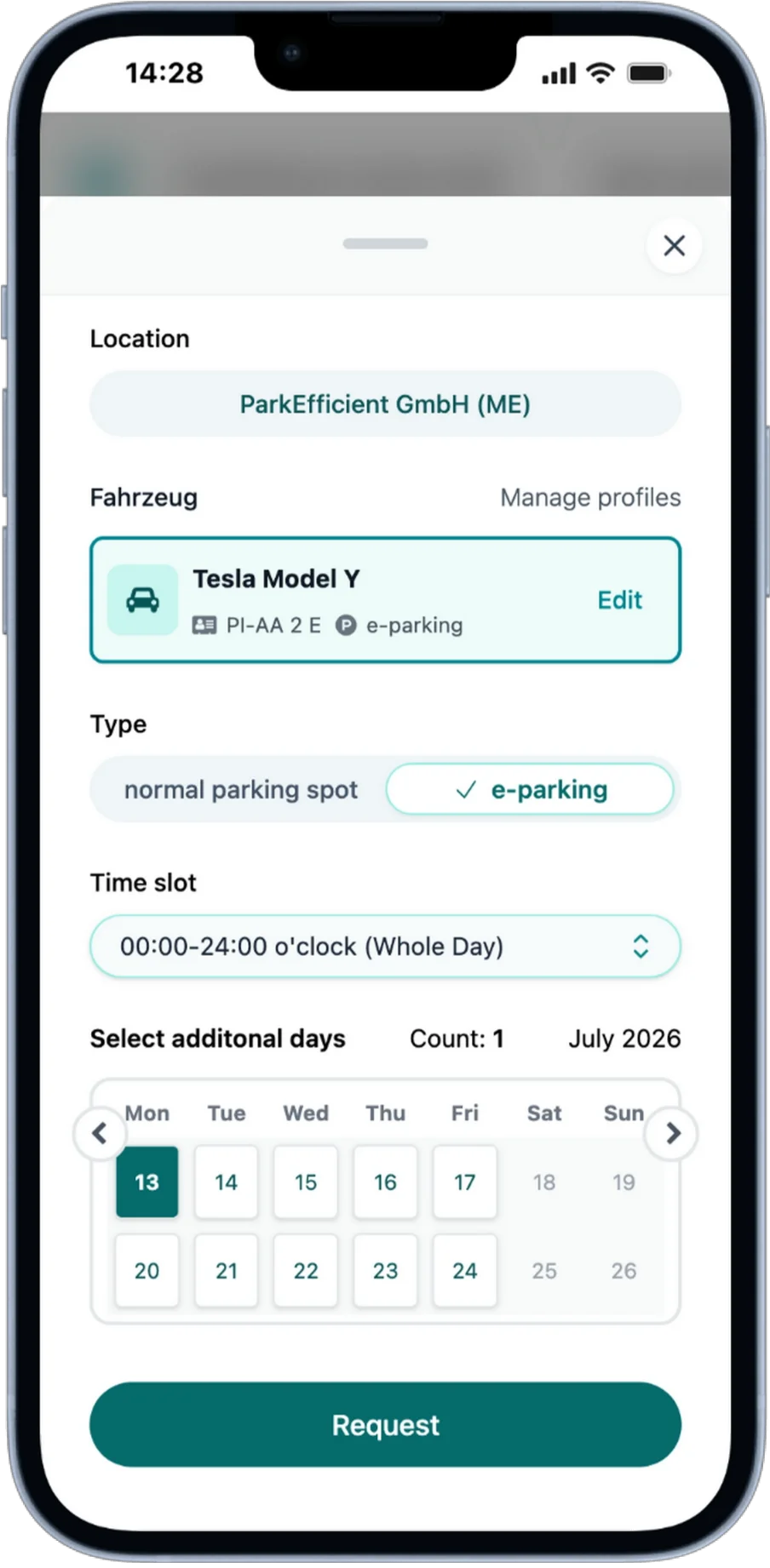 ParkEfficient booking request form
